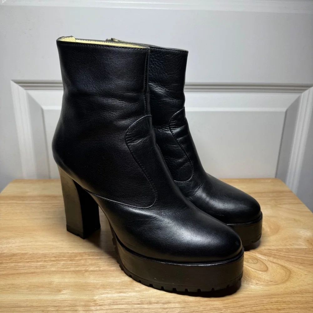 Nora Lozza Black Leather Platform Lug Sole Ankle Boots 5445 Size 37